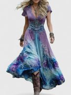 Women's Floral Boho Maxi Dress – V-Neck Flowy Long Dress