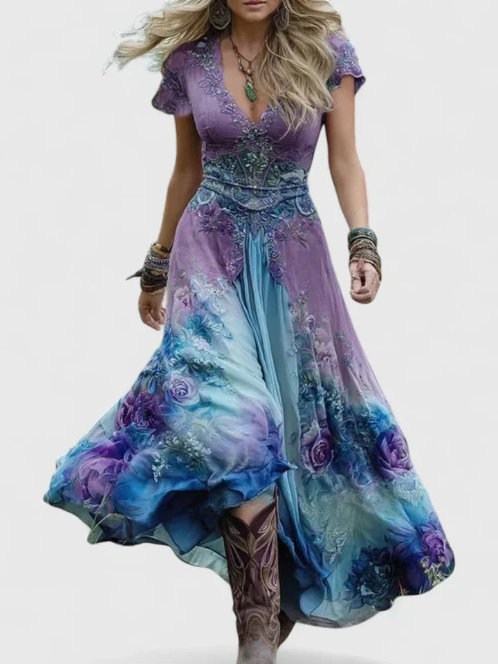 Women's Floral Boho Maxi Dress – V-Neck Flowy Long Dress