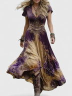 Women's Floral Boho Maxi Dress – V-Neck Flowy Long Dress