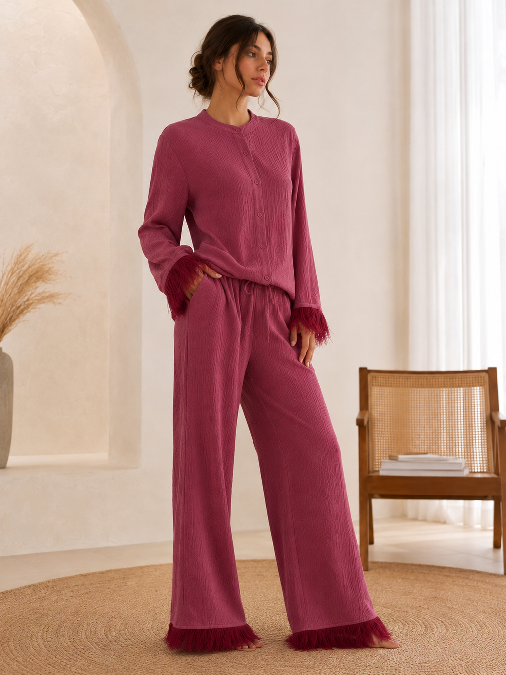 Women's Glitter Party Set – Feather Trim Top & Wide Leg Sequin Pants Set