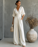 Women's V-Neck Wrap Wide Leg Jumpsuit – Cinched Waist Evening Occasion Jumpsuit