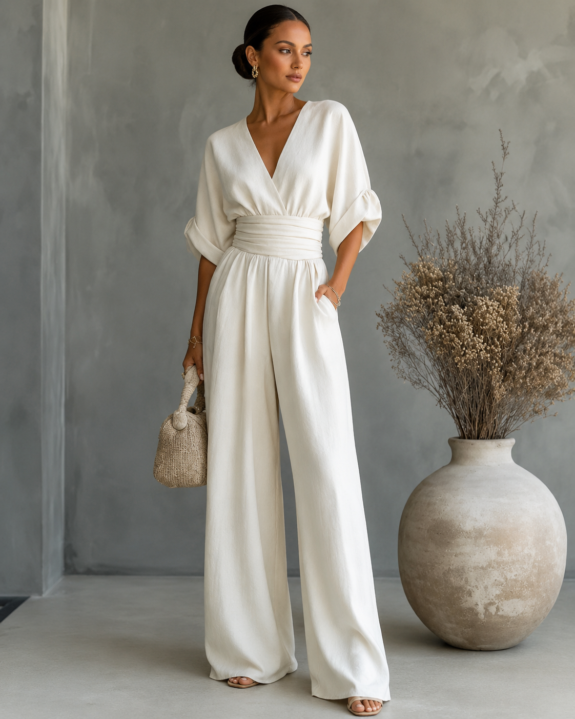 Women's V-Neck Wrap Wide Leg Jumpsuit – Cinched Waist Evening Occasion Jumpsuit