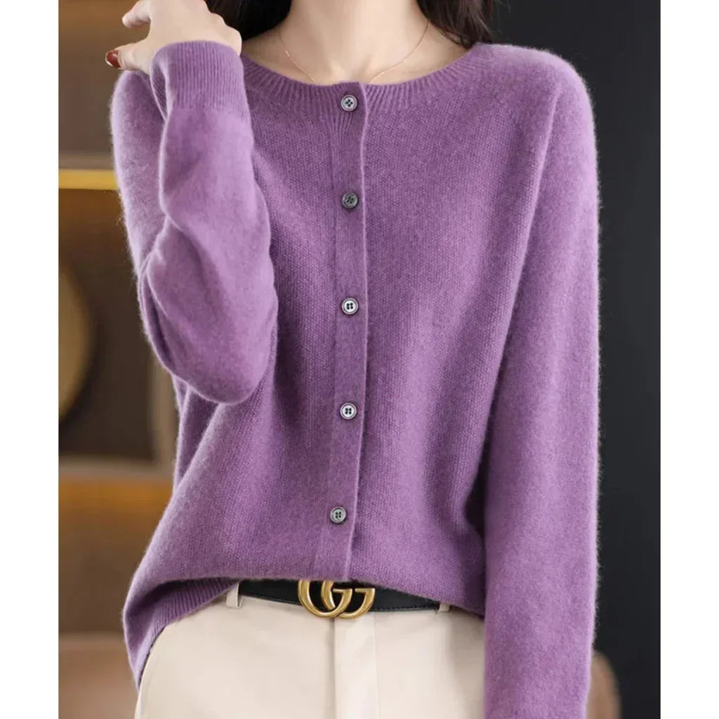 Women's Round Neck Button Cardigan – Lightweight Long Sleeve Cardigan