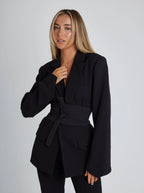 Women's Belted Longline Blazer – Wrap Front Tailored Jacket