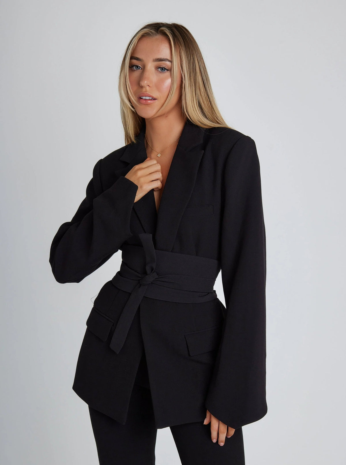 Women's Belted Longline Blazer – Wrap Front Tailored Jacket
