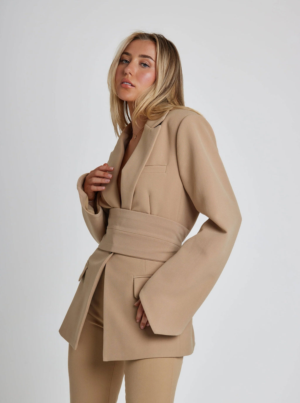 Women's Belted Longline Blazer – Wrap Front Tailored Jacket