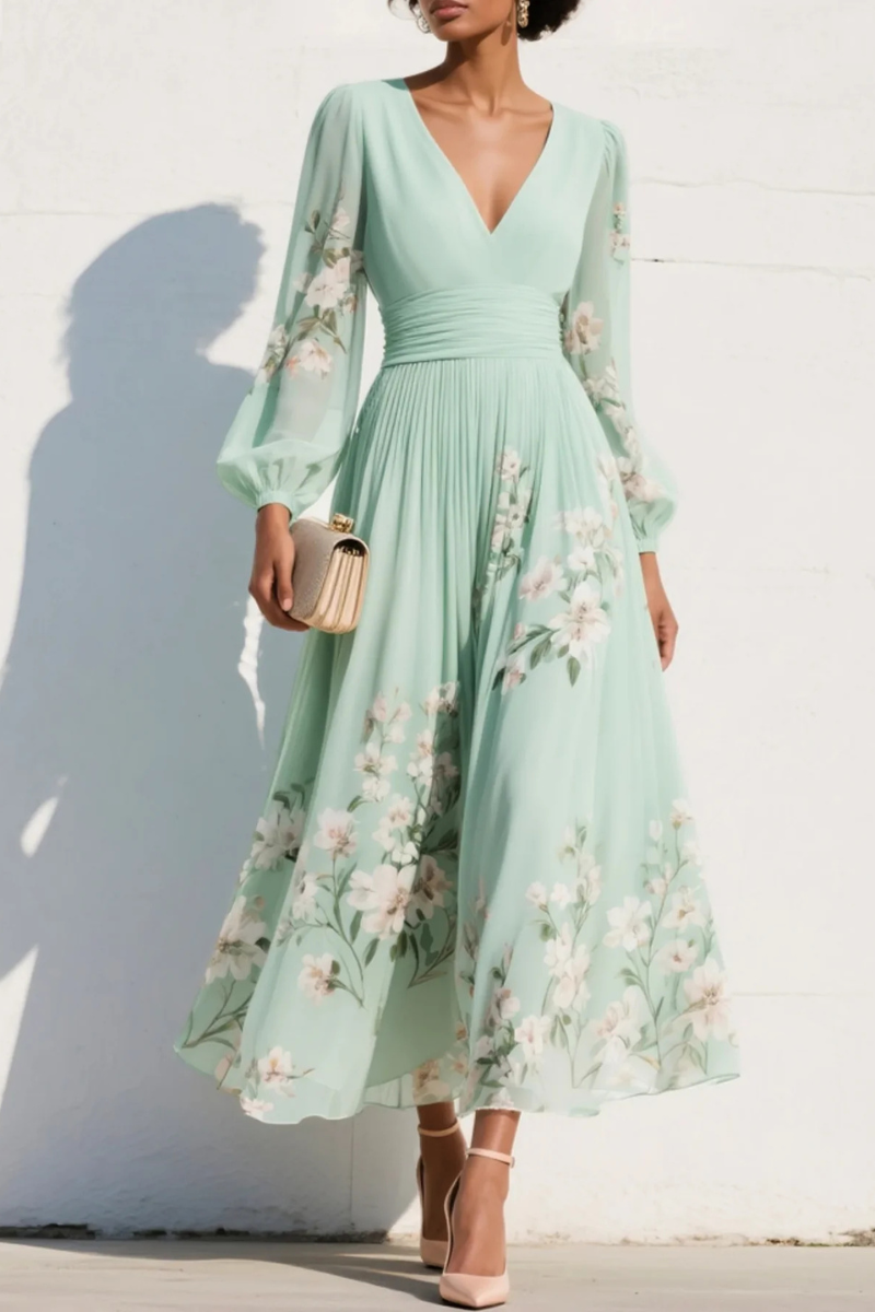 Women's Floral Pleated Wedding Guest Midi Dress – Flowy Evening Occasion Dress