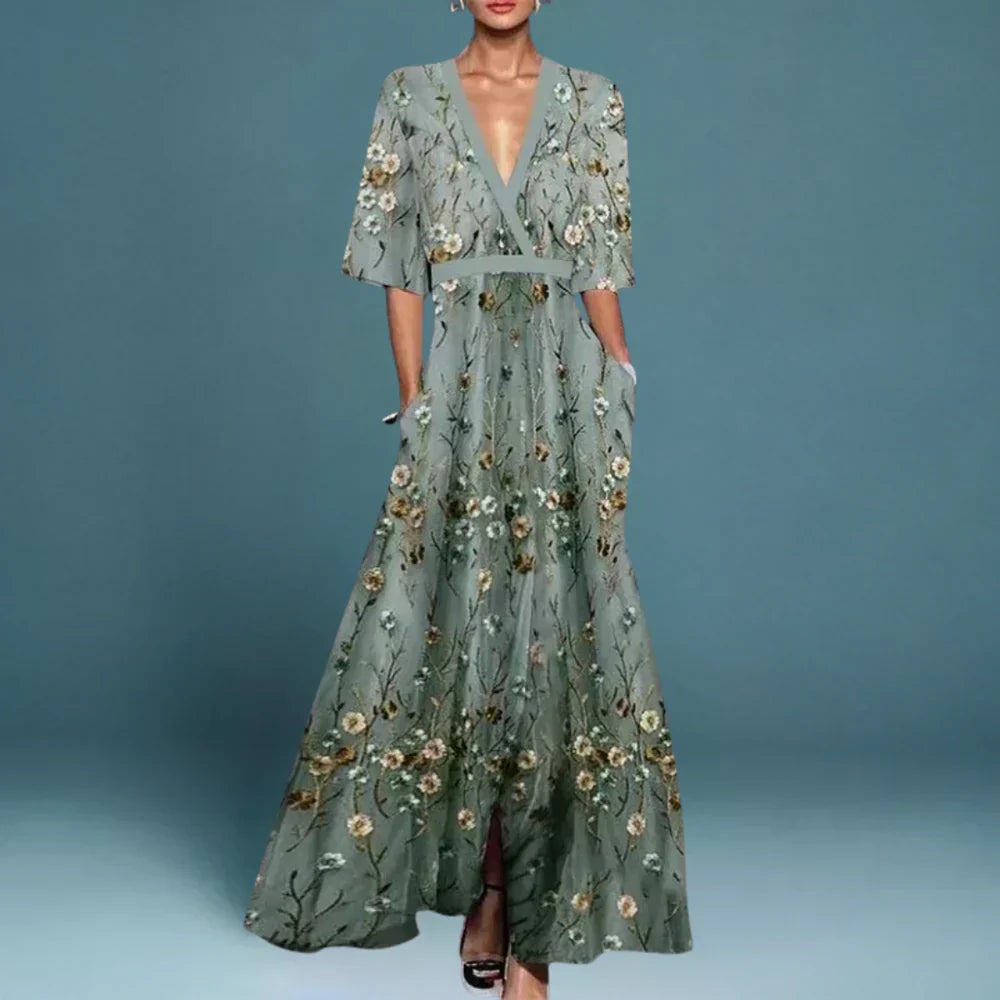 Women's Floral Garden Maxi Dress – Flowy V-Neck Occasion Dress