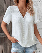 Women's Short Sleeve Lace Blouse – V-Neck Detail Blouse