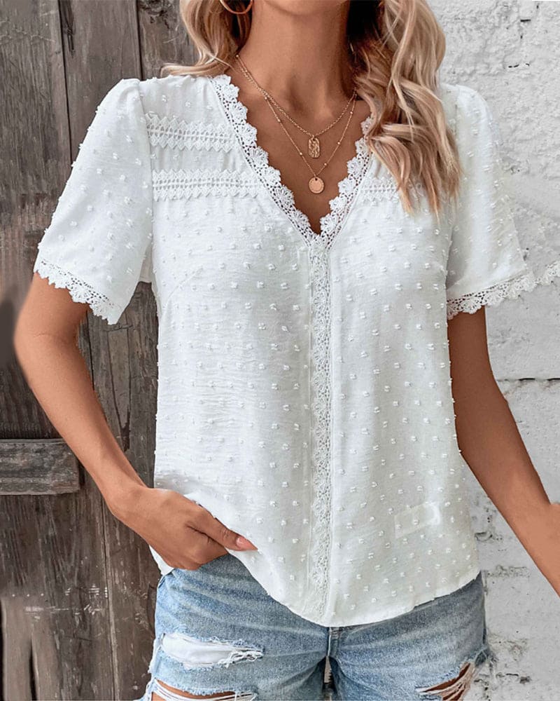 Women's Short Sleeve Lace Blouse – V-Neck Detail Blouse