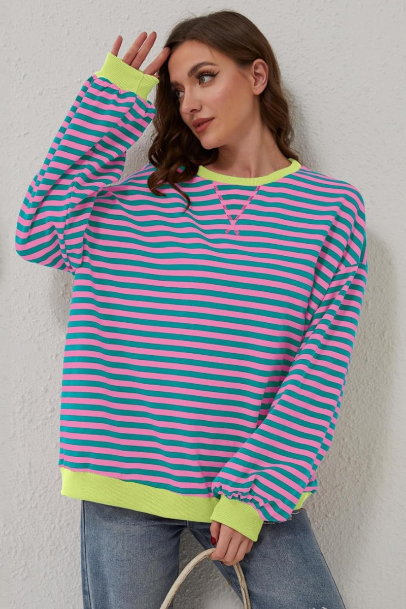 Women's Crew Neck Striped Sweatshirt – Long Sleeve Casual Pullover