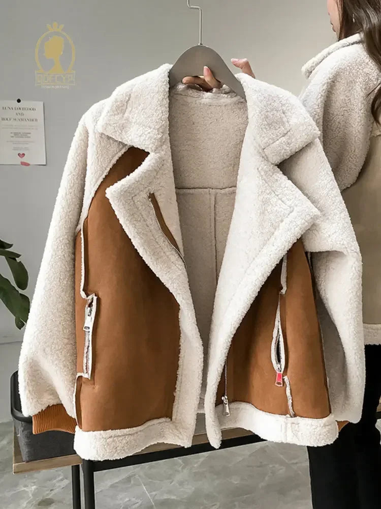 Women's Patchwork Winter Jacket – Oversized Fleece Pocket Jacket