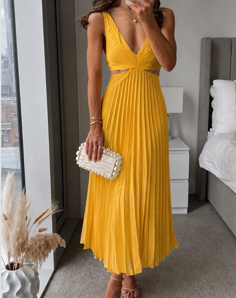 Women's Deep V-Neck Pleated Dress – Side Cutout Fitted Cocktail Midi Dress