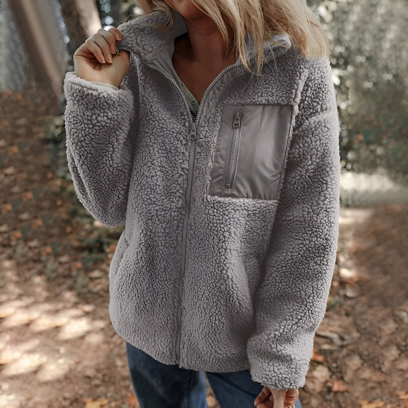Women's Teddy Fleece Jacket – Zip-Up Stand Collar Winter Jacket