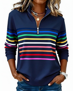 Women's High Neck Zip Sweater – Striped Zip Front Pullover