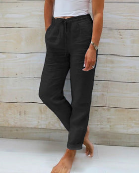 Women's Elastic Waist Straight Leg Pants – Drawstring Pocket Trousers