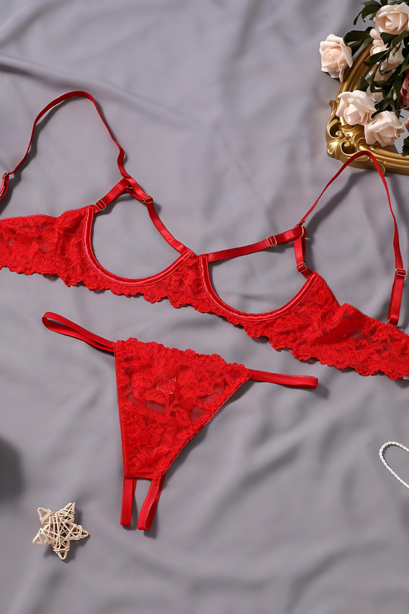 Women's Deep Plunge Lingerie Set – Lace Bra & Matching Brief Set