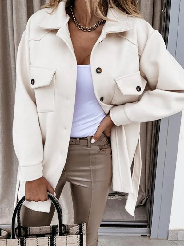 Women's Folded Collar Coat – Mid-Length Button Front Winter Overcoat