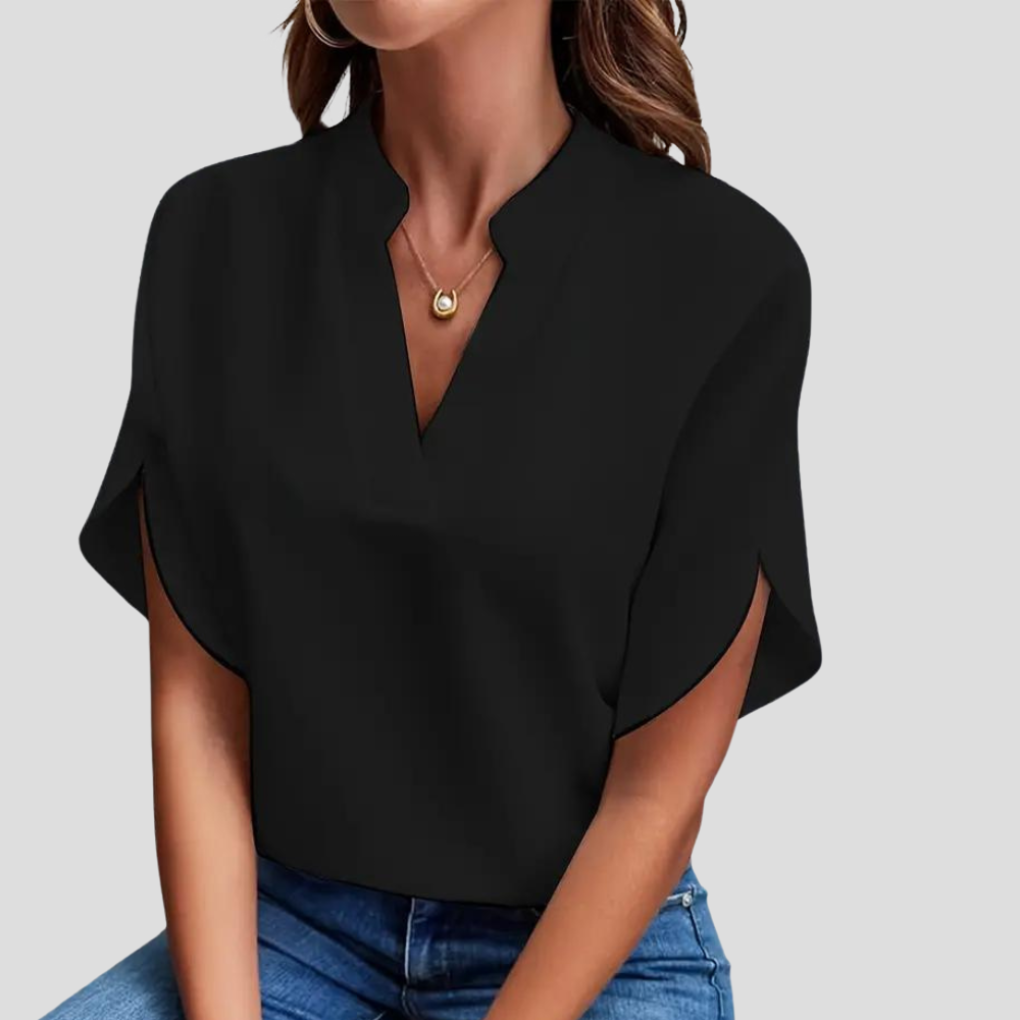 Women's Stand Collar Summer Blouse – Short Sleeve V-Neck Blouse