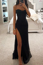 Women's Sweetheart Neck Maxi Dress – Sparkle High Slit Evening Dress