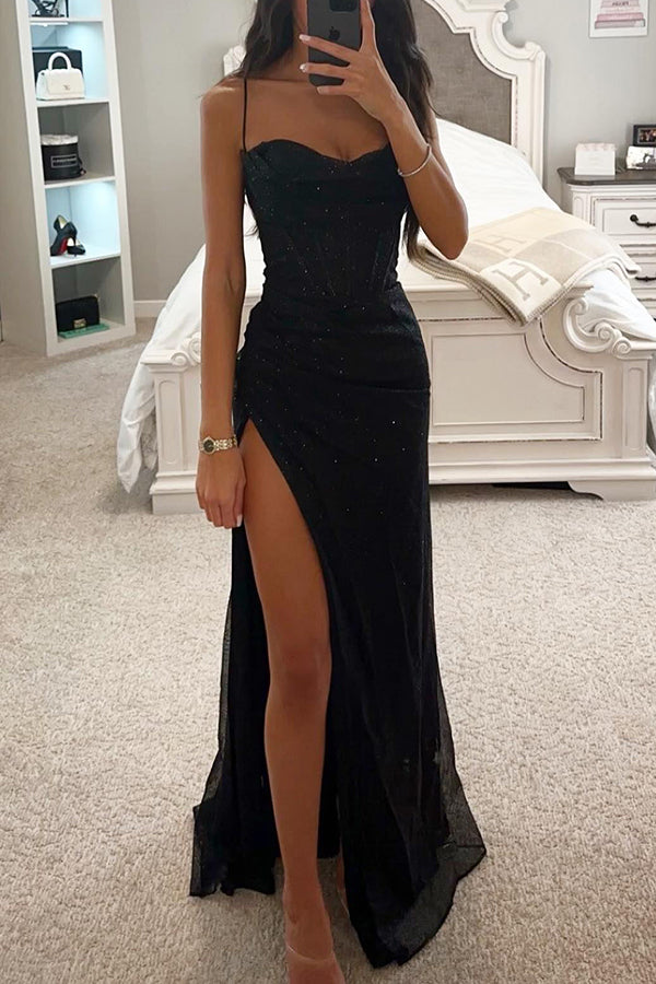 Women's Sweetheart Neck Maxi Dress – Sparkle High Slit Evening Dress