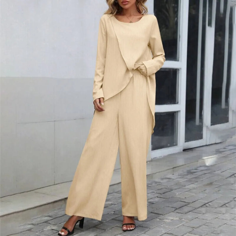 Women's Wrap Front Pants Set – Asymmetrical Top & Wide Leg Co-Ord Set