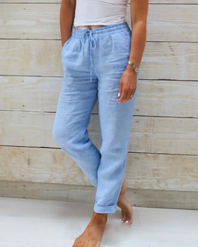 Women's Elastic Waist Straight Leg Pants – Drawstring Pocket Trousers