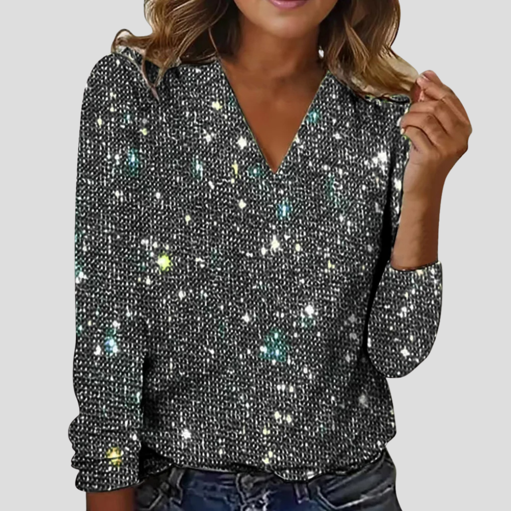 Women's Sparkle Party Blouse – Sequin V-Neck Long Sleeve Blouse