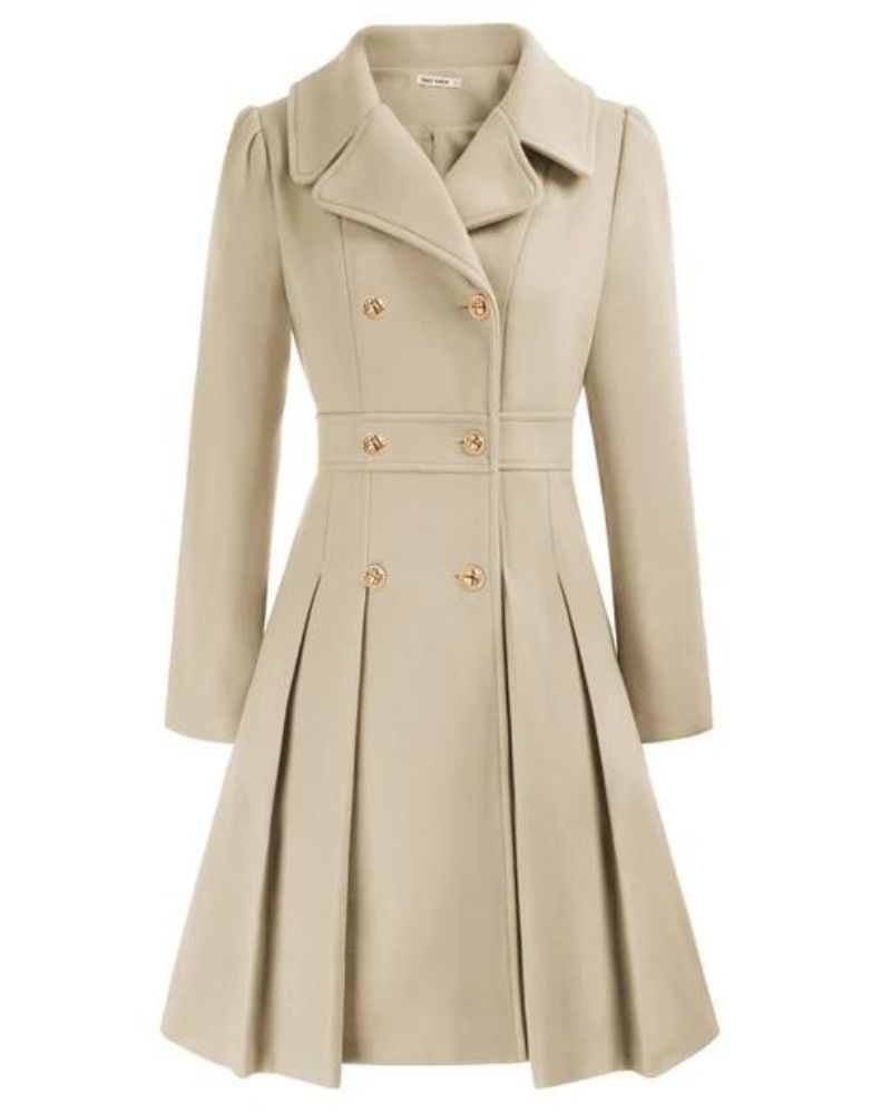 Women's Pleated Long Coat – Tailored Button Front Winter Overcoat