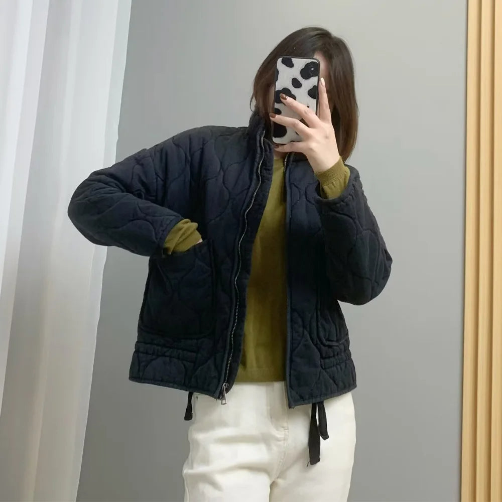 Women's Vintage Winter Jacket – Drawstring Zip-Up Pocket Jacket