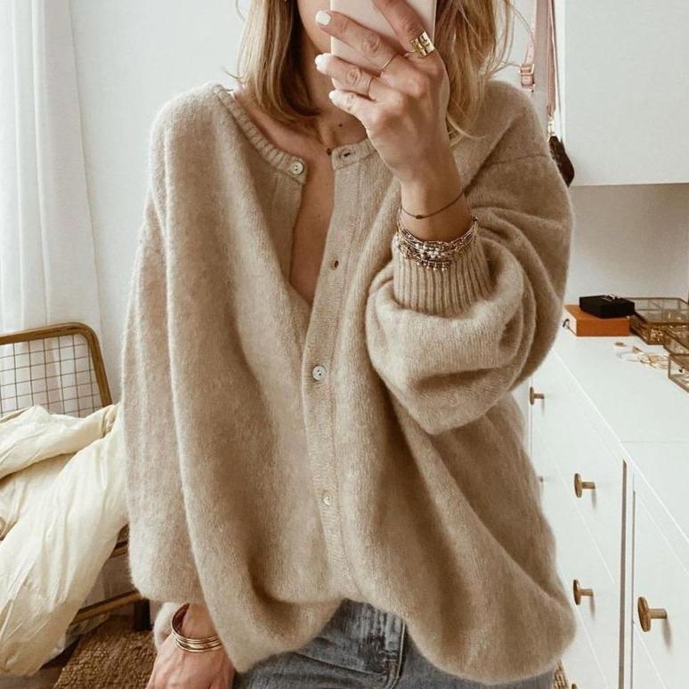 Women's Oversized Ribbed Neck Cardigan – Statement Sleeve Knit Cardigan
