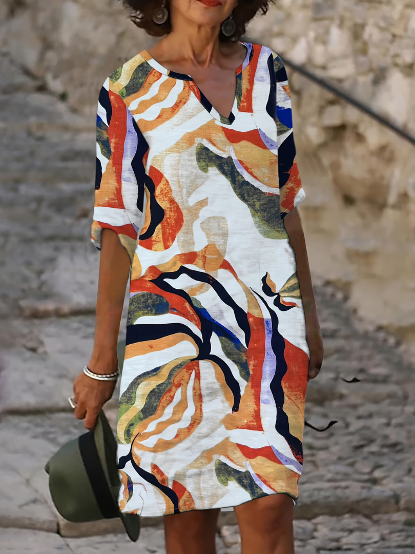Women's Printed V-Neck Dress – Three-Quarter Sleeve Summer Dress