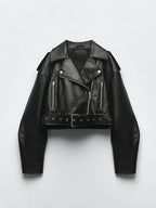 Women's Cropped Moto Jacket – Belted Faux Leather Biker Jacket