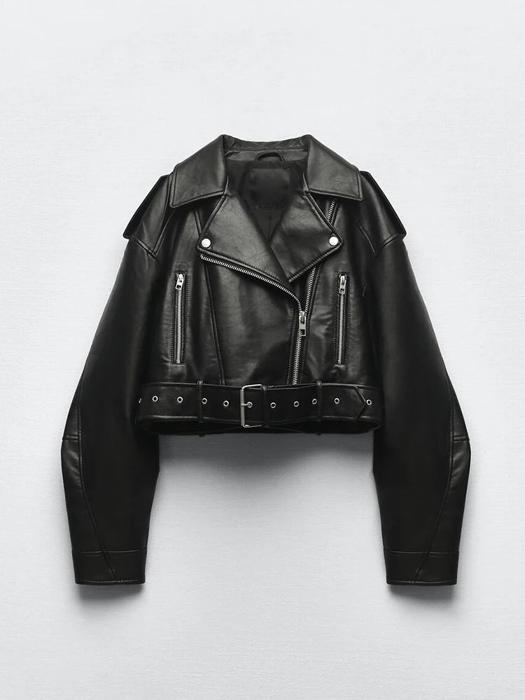 Women's Cropped Moto Jacket – Belted Faux Leather Biker Jacket