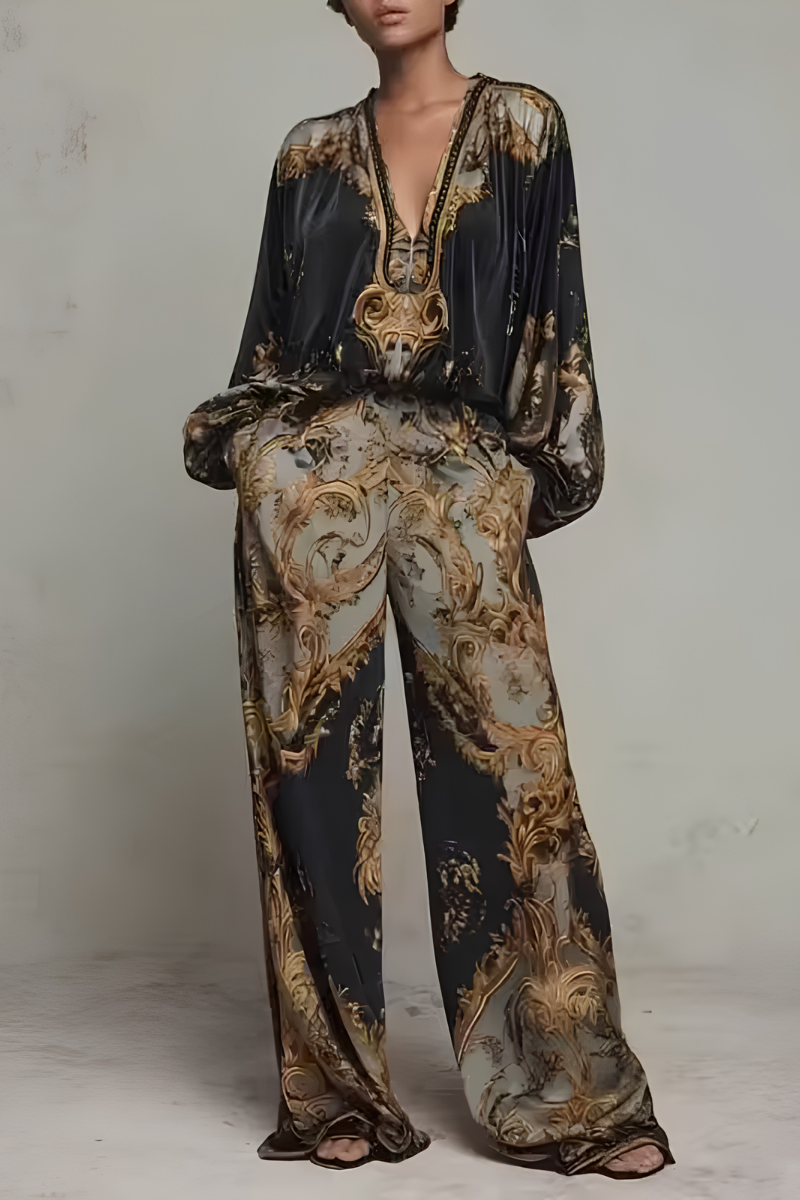 Women's Long Sleeve Printed Jumpsuit – Baroque Pattern Wide Leg Jumpsuit