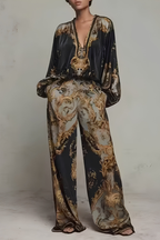 Women's Long Sleeve Printed Jumpsuit – Baroque Pattern Wide Leg Jumpsuit
