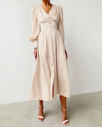 Women's V-Neck Wedding Guest Maxi Dress – Lantern Sleeve Flowy Formal Dress