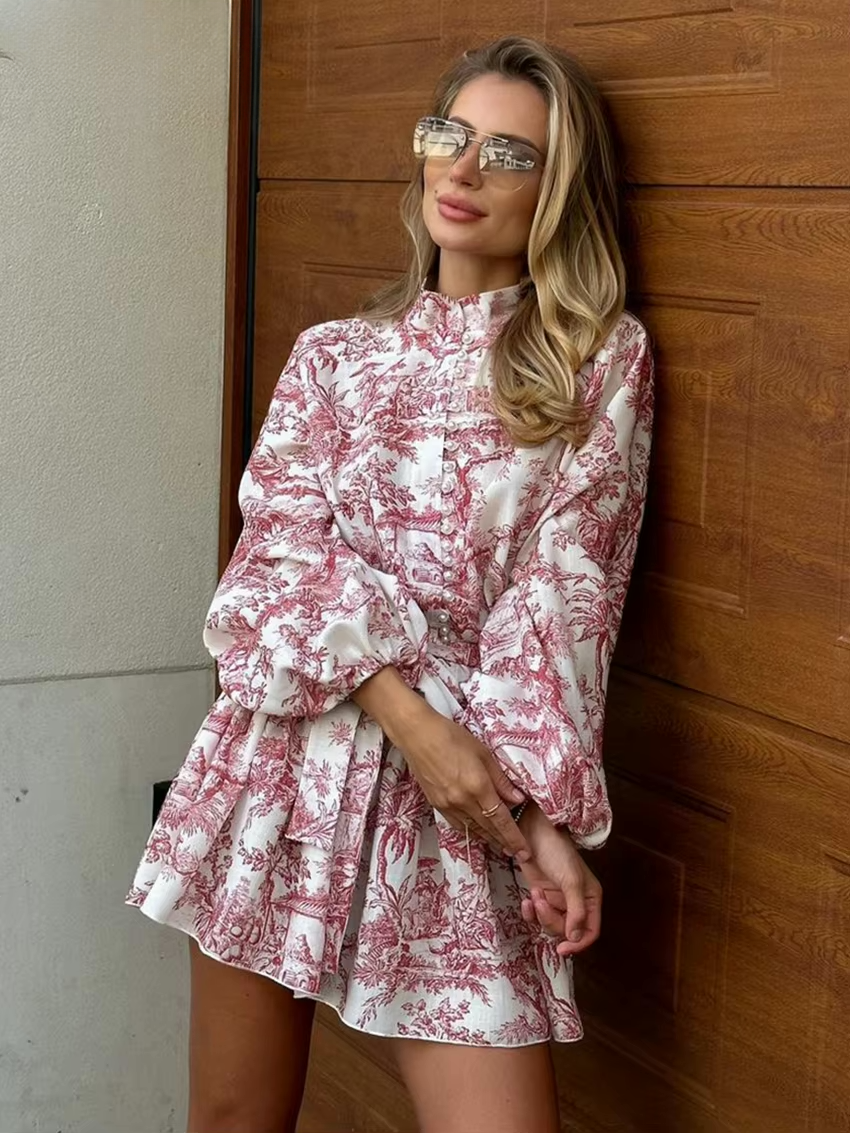 Women's Toile Print Mini Dress – Belted A-Line Balloon Sleeve Dress