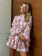 Women's Toile Print Mini Dress – Belted A-Line Balloon Sleeve Dress