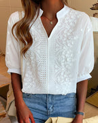 Women's V-Neck Long Sleeve Blouse – Puff Sleeve Relaxed Blouse