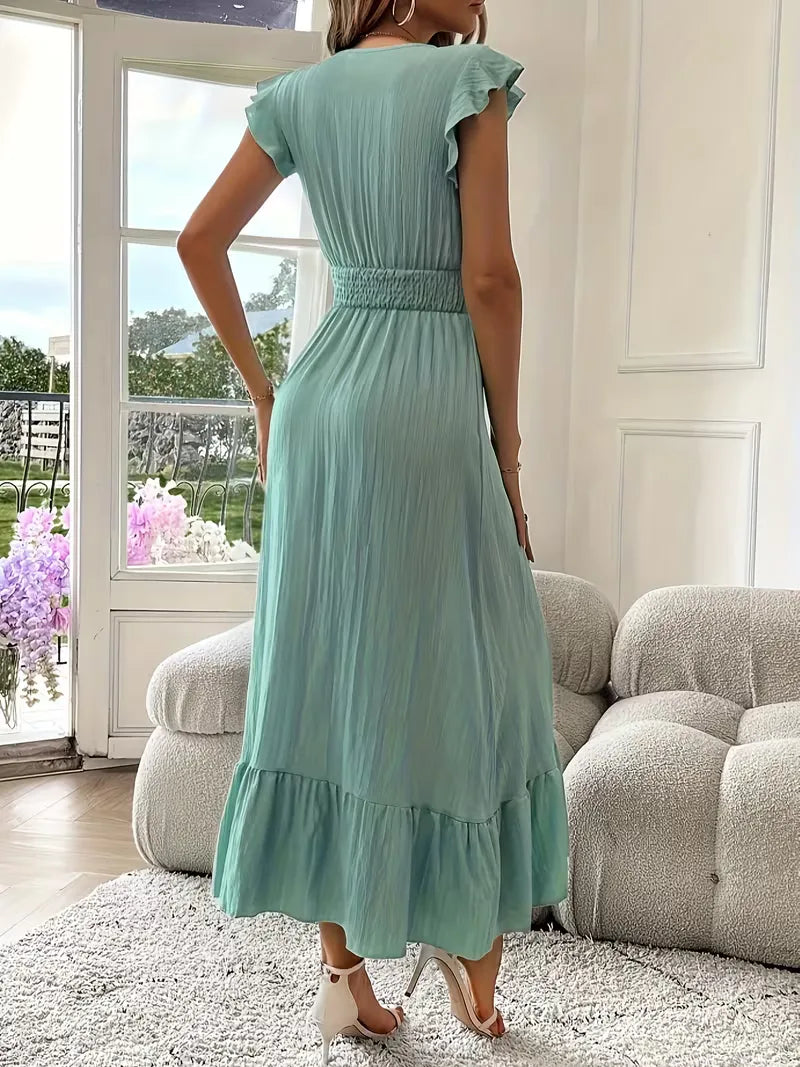 Women's V-Neck Tiered Evening Maxi Dress – Short Sleeve Smocked Waist Dress