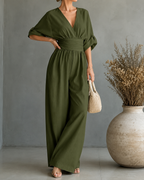 Women's V-Neck Wrap Wide Leg Jumpsuit – Cinched Waist Evening Occasion Jumpsuit