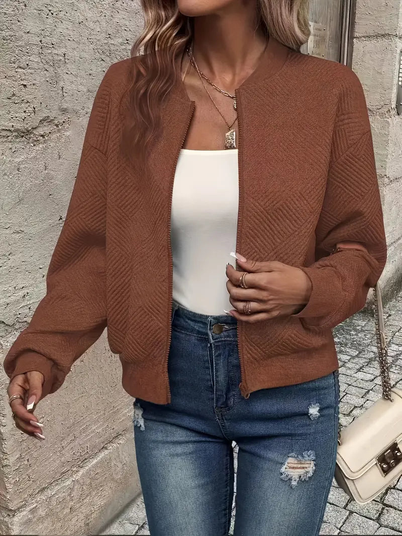 Women's Zip-Up Textured Cardigan – Long Sleeve Knit Cardigan