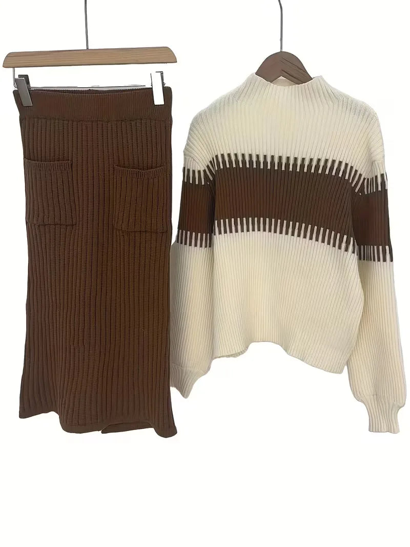 Women's Ribbed Knit Skirt Set – High Neck Sweater Co-Ord