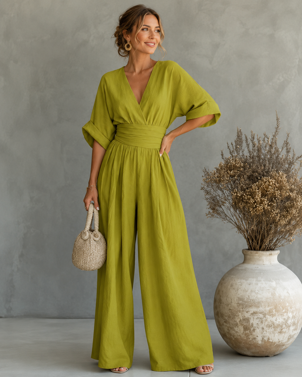 Women's V-Neck Wrap Wide Leg Jumpsuit – Cinched Waist Evening Occasion Jumpsuit