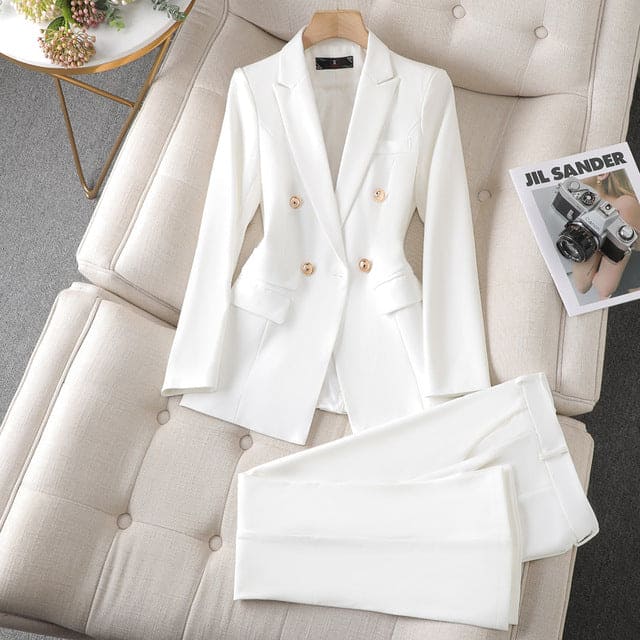 Women's Double-Breasted Blazer Suit – Tailored Wide Leg Pants Set