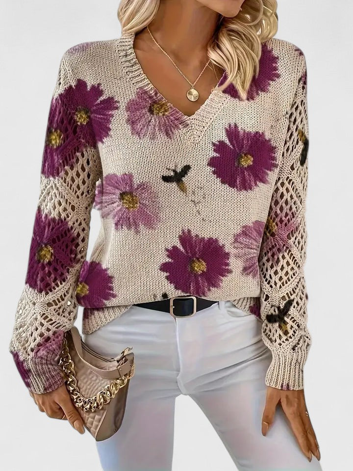 Women's V-Neck Floral Cardigan – Button Front Patterned Knit Cardigan