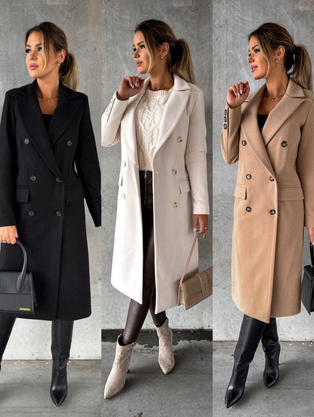 Women's Double-Breasted Winter Overcoat – Tailored Long Sleeve Coat