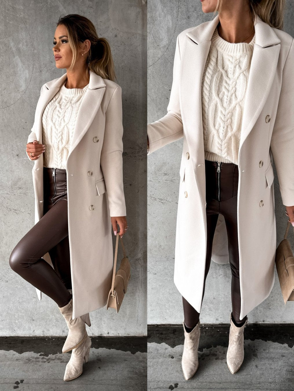 Women's Double-Breasted Winter Overcoat – Tailored Long Sleeve Coat