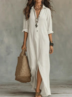 Women's Button Front Maxi Dress – Collared Flowy Long Dress